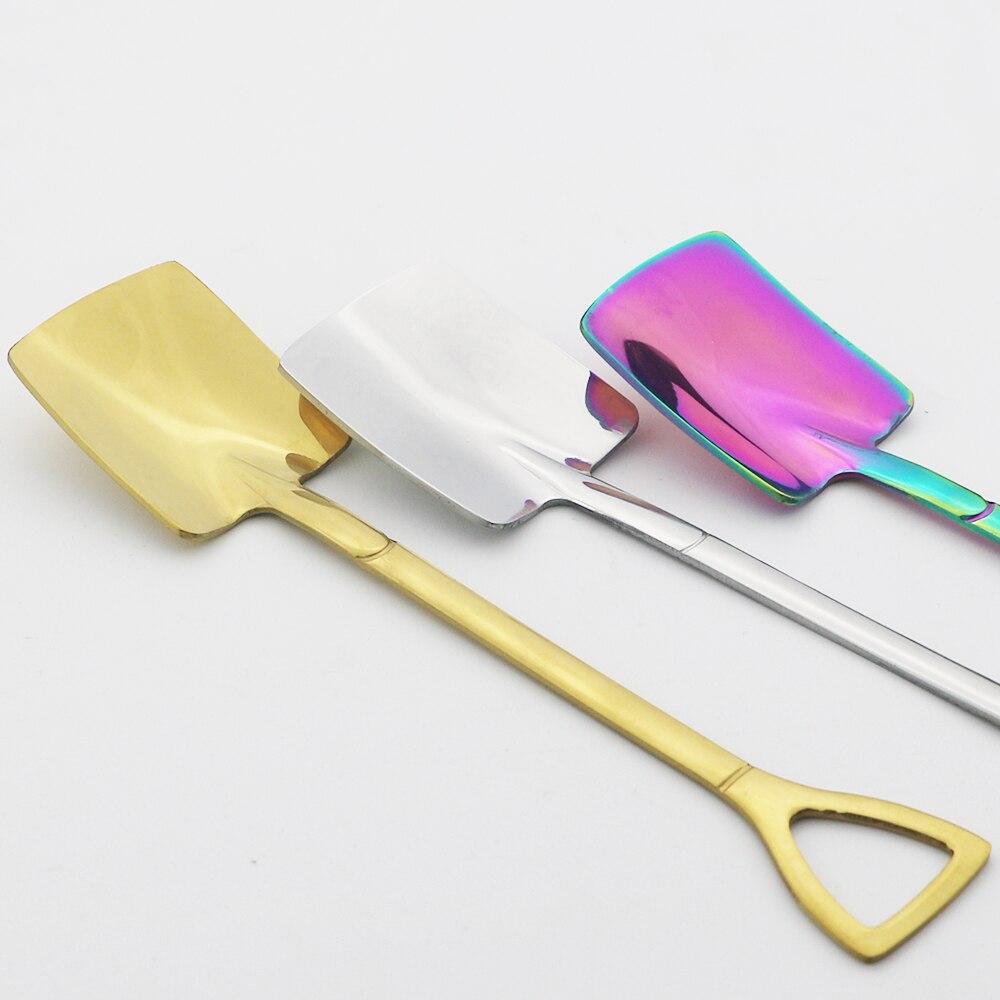Dinnerware Gold Retro Shovel Flat Coffee Tea Ice Cream Spoons Gift Creative Bar Stainless Steel 304 Dessert Spoon Set Housewares