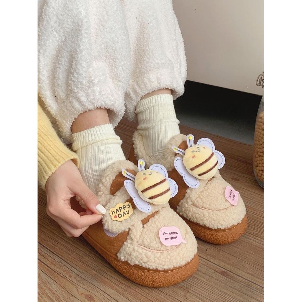 2025 new winter fun cute little bee parent-child cotton slippers outdoor warm non-slip loafer beanie shoes women