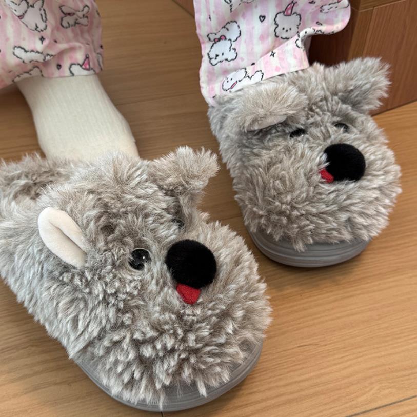 Fashion Indoor Fluffy Slippers For Women Men Winter Warm Shoes Cute Cartoon Dog Soft Plush Anti-slip Couples Home Floor Cotton Slides