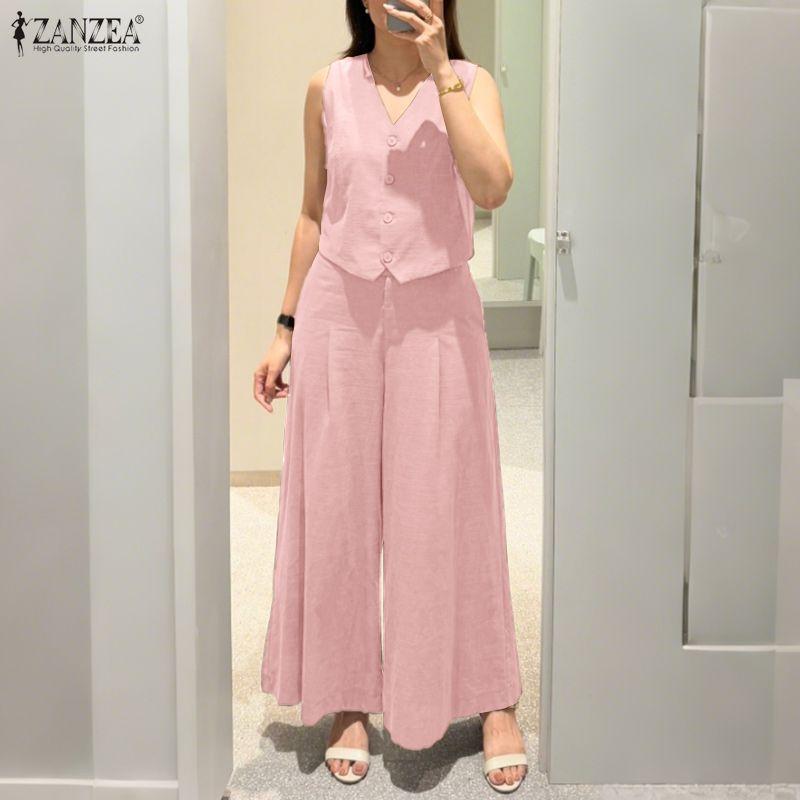 ZANZEA Tops sin mangas y pantalones de pierna ancha para mujer, conjuntos casuales de dos piezas