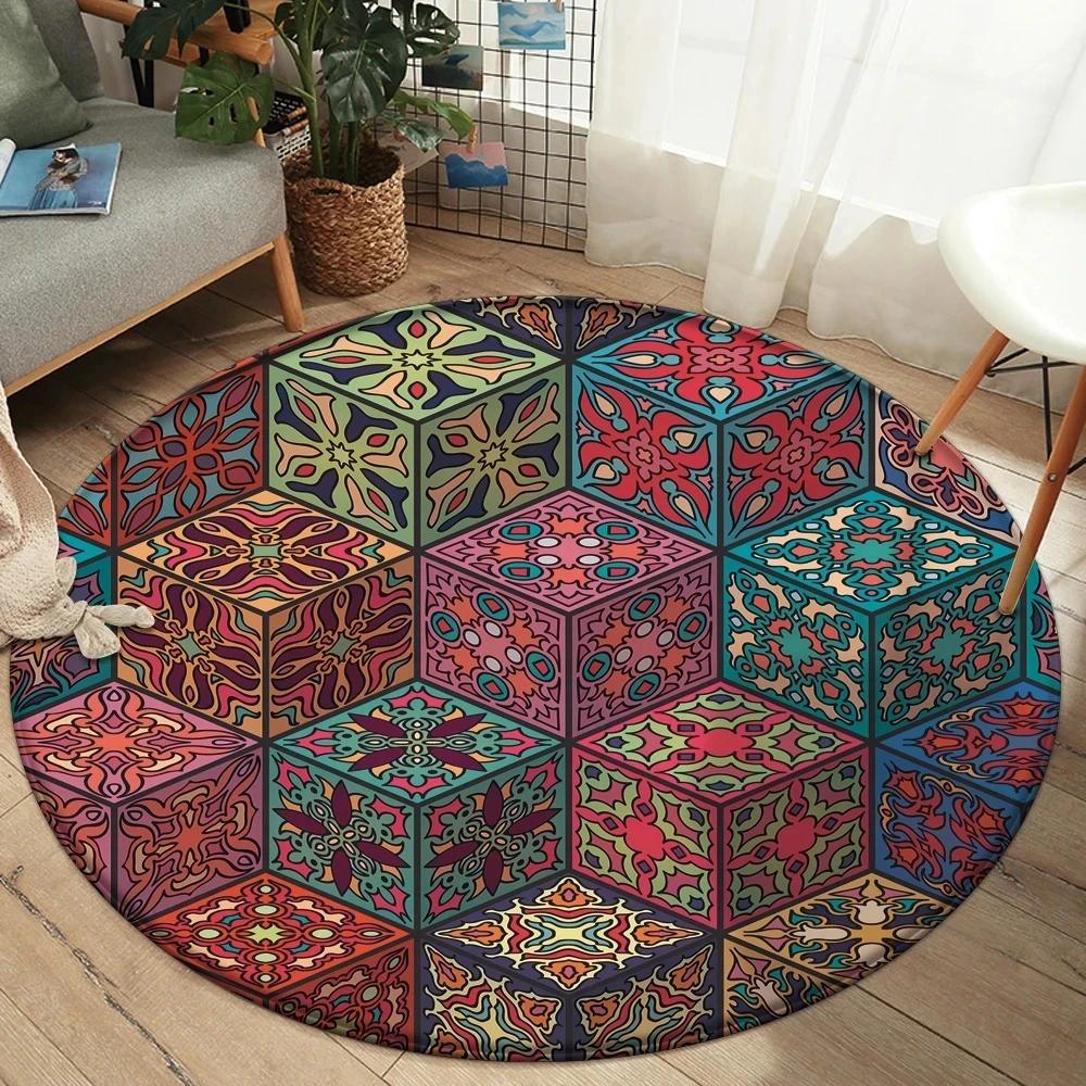 

Boho Mandala Round Carpet Colorful Floral Print Area Rug For Living Room Bedroom Chair Non-Slip Floor Mat Home Kitchen Doormat 40x40cm(15x15 inch)
