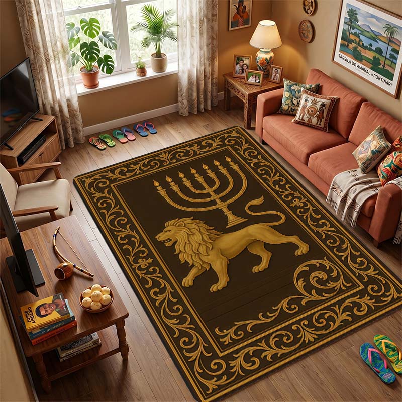 Golden Seven Branch Menorah Vintage Carved Gold Floral Frame Navy Blue Anti-slip Area Rug Jewish Religious Holiday Decor Floor Mat