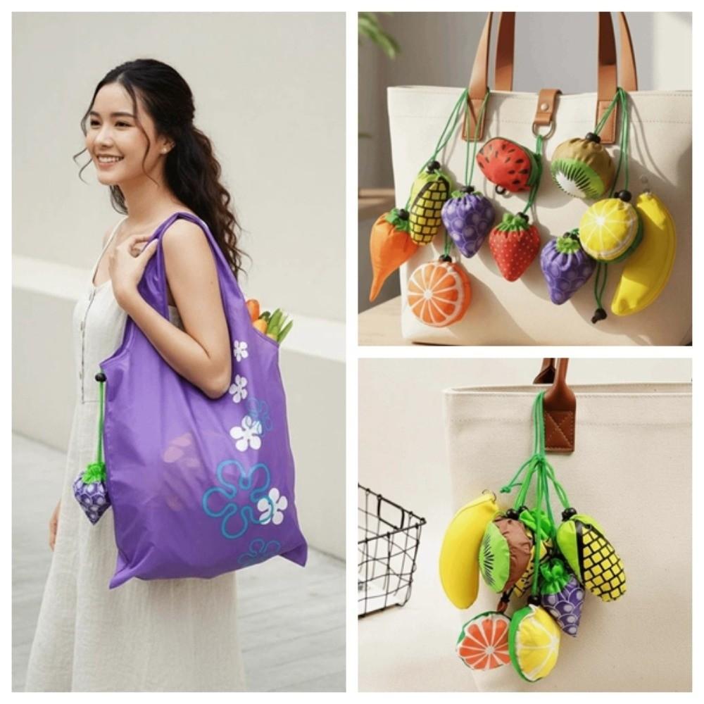 5 Pcs Carto Shopping Bag with Pendant Large Capacity Multi-functial Eco-friendly Folding Pouch Polyester Fruits Design