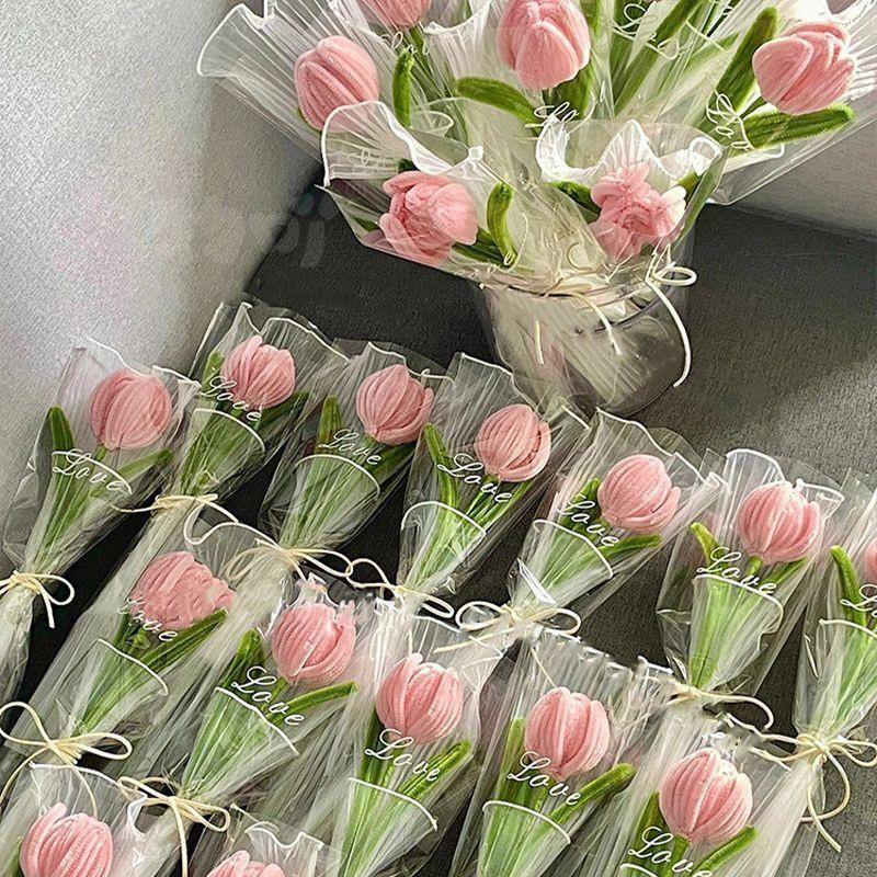 Knitting Flower Rose Tulips Single Bouquet Simulation Flower Home Decoration Wedding Hand-Knitted Crochet Fake Floral