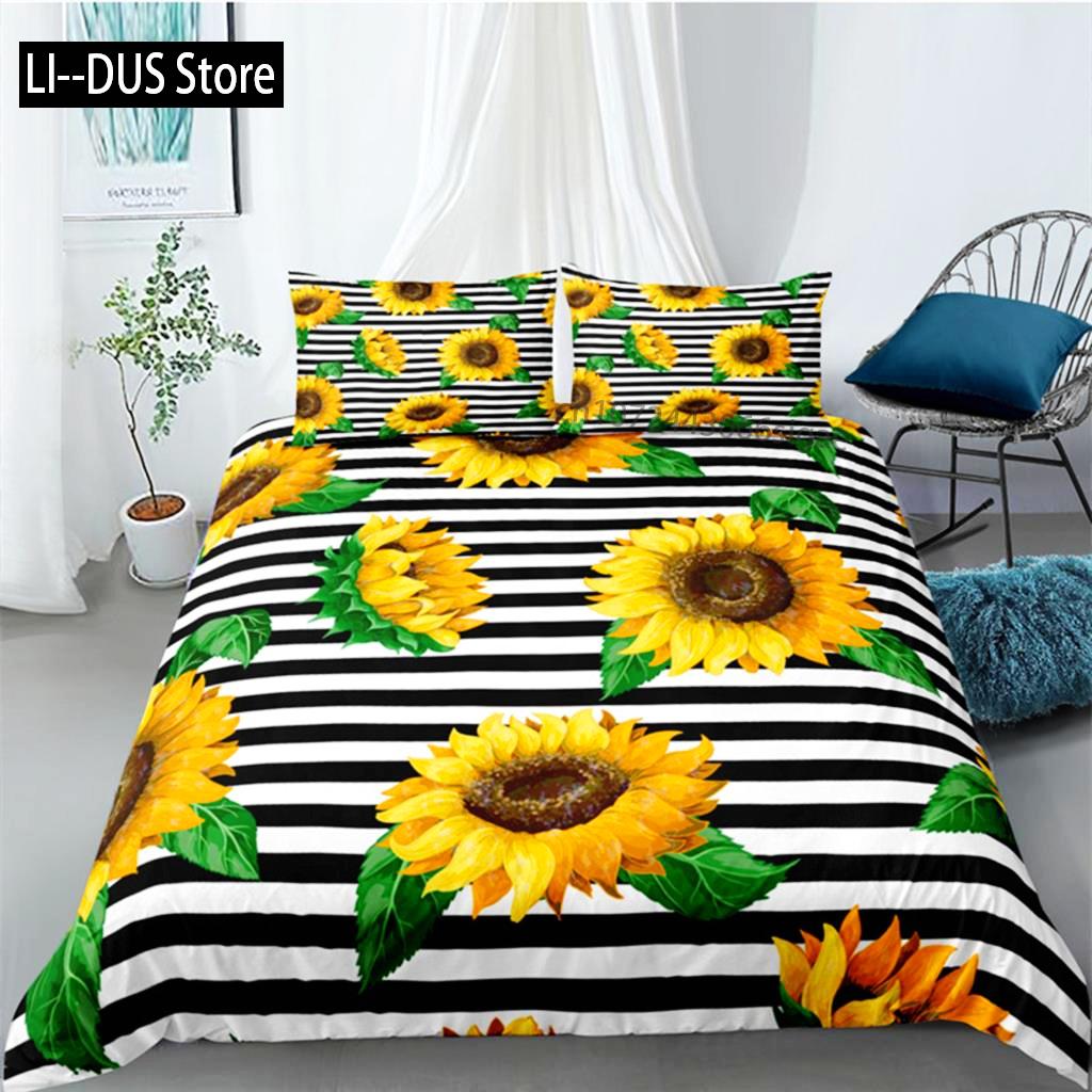 

Покрывало Подсолнух Желтый Цветочный Комплект Постельного Белья Фермерский Зеленые Листья Цветочный Для Женщин Девочек Украшения Спальни Comforter (quilt)-EU Single(135*200cm)3pcs