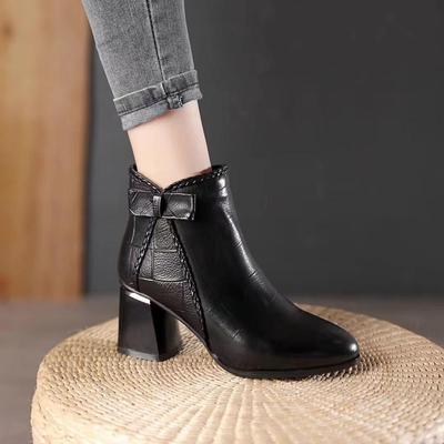 Damen Echtleder Stiefeletten mit spitzer Zehenpartie und Schleife - Herbst/Winter Stil, mit Samt gefüttert, Mid-Calf, Temperament Martin Boots.