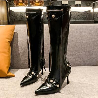 Sexy vysoké podpätky Luxusné dámske vysoké čižmy Značkový dizajnér Goth topánky Špicatá špička Jesenné Chelsea Nové Rockové kožené Botas Mujer