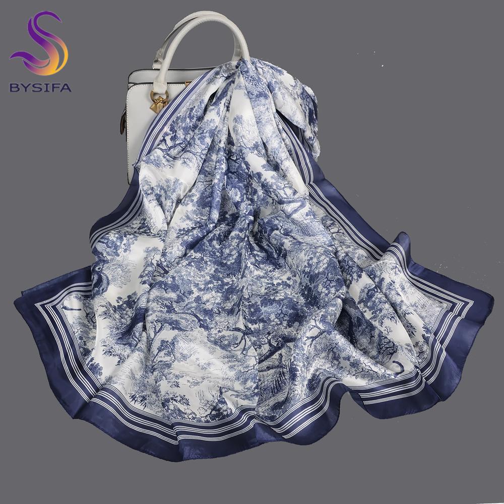 

BYSIFA|Blue White 100% Silk Scarf Shawl Bufanda New Fall Winter Fashion Daisy Summer Long Beach Shawl Spring Women Brand Scarves