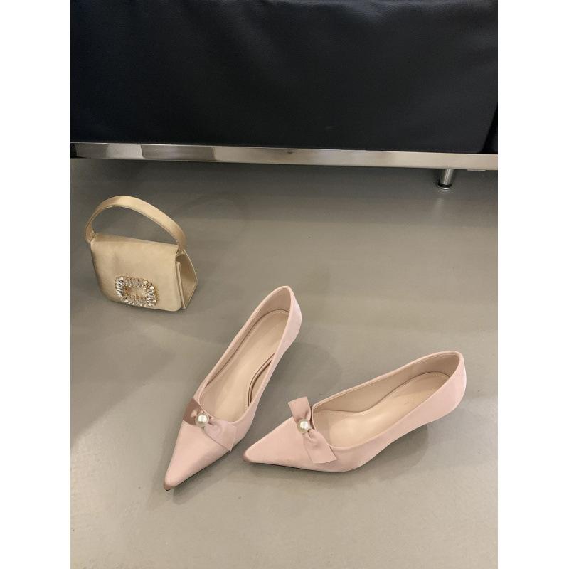 2025 New Year's Fashion Women's Shoes Pointed Head Shallow Mouth Pearl Buckle Type High Heel Thin Heel Commuter Small Leather Shoes Women's Single