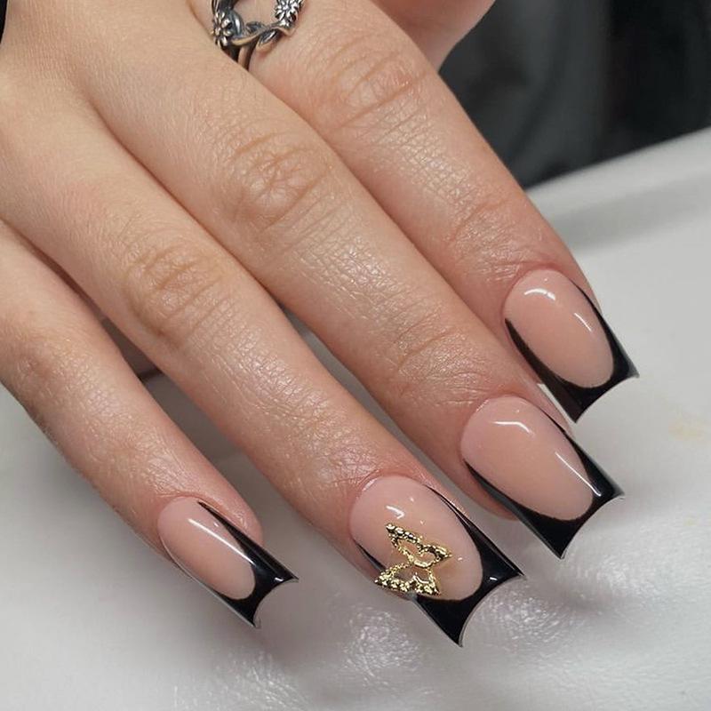

Black French Gold Butterfly False Nails - Removable & Wearable