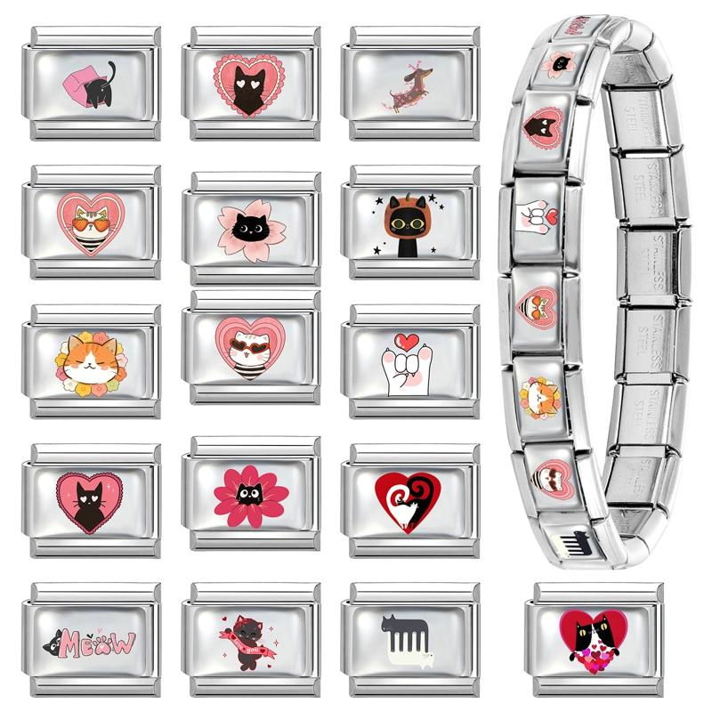 Y2K Funny Animals Cat Dog Flower Heart Italian Charm Fit 9mm Stainless Steel Personalized DIY Bracelet Fashion Jewelry Wholesale