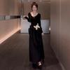 Autumn New Long-sleeved Irregular Butterfly Small Black Dress Long Dress Early Autumn Wear Elastic Waist Pinch Dress
