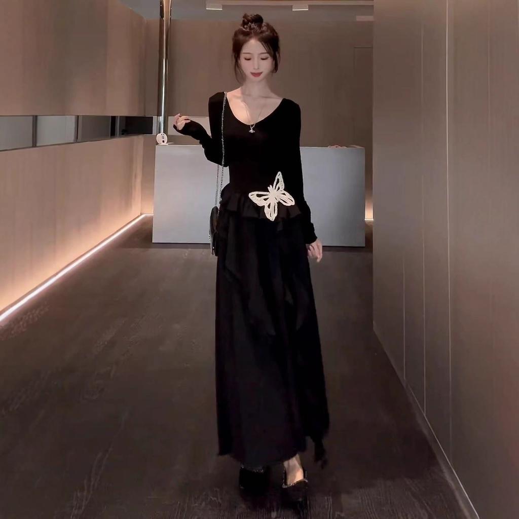 Autumn New Long-sleeved Irregular Butterfly Small Black Dress Long Dress Early Autumn Wear Elastic Waist Pinch Dress