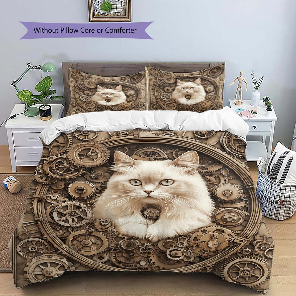 Gear Cat Pattern Bedding Quilt Set Quilt Cover Pillowcase Home Decoration Gift (1 * duvet cover + 2 * pillowcase, without core)
