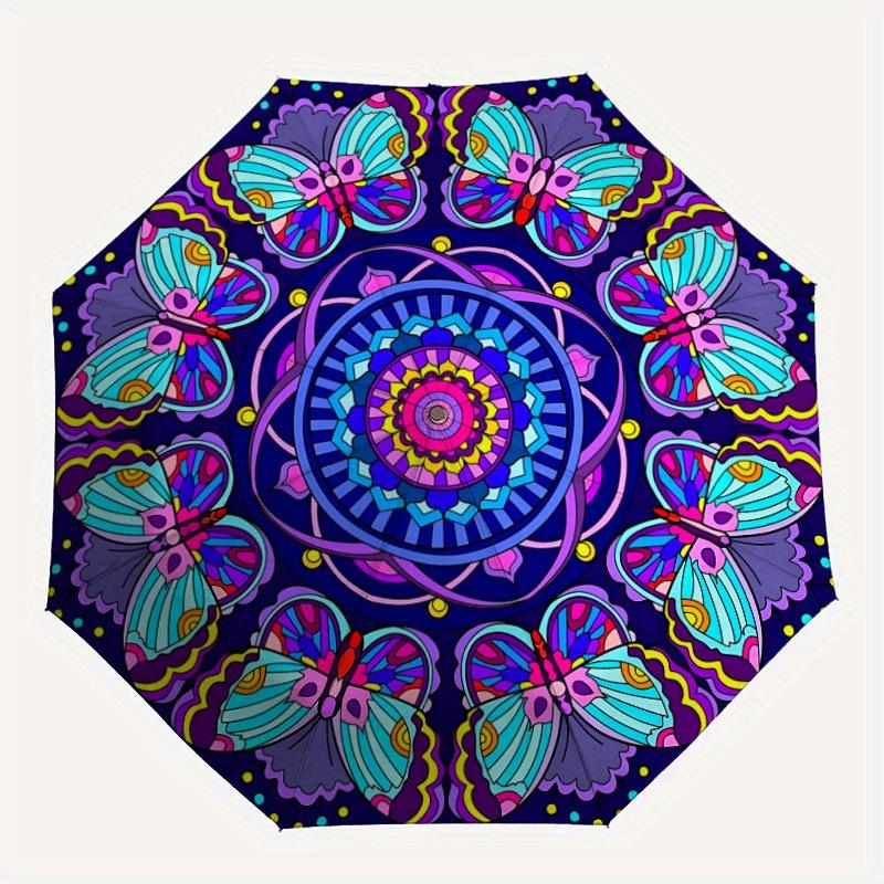 

1pc Butterfly Mandala Automatic Open/Close Umbrella, Umbrella with cartoon Design, Portable Compact Umbrella for Men & Women, Good Holiday G