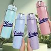 1PC Montana Faint Cursive Brand Text Print 750ml Colorful Plastic Sports Water Bottle Leakproof Pop Up Lid with Straw for Outdoor Work Home Use