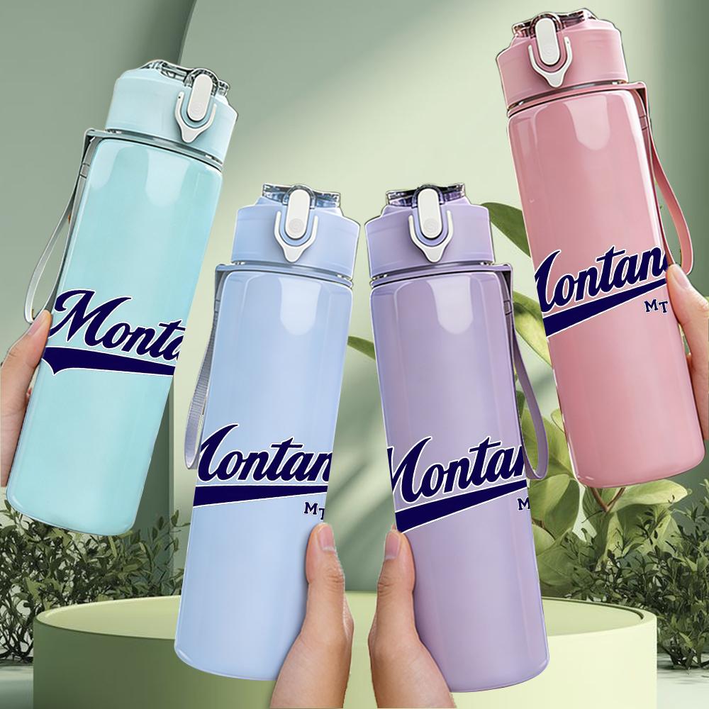 1PC Montana Faint Cursive Brand Text Print 750ml Colorful Plastic Sports Water Bottle Leakproof Pop Up Lid with Straw for Outdoor Work Home Use