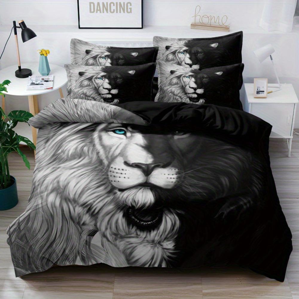 

3pcs Bedding Set Black Gray Lion Printed Cozy Soft Duvet Cover King Queen Twin Size Birthday Gift for Boys Adult Bedroom Decor EU Single 135x200cm