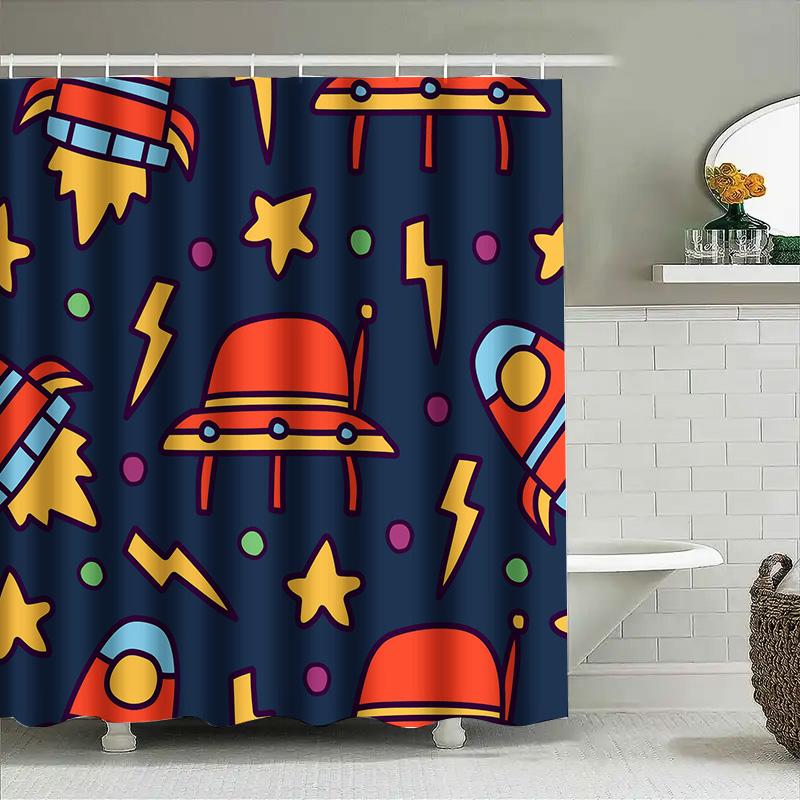 Stylish Space Pattern Shower Curtain For Bathroom Decoration Waterproof Fabric With Hooks