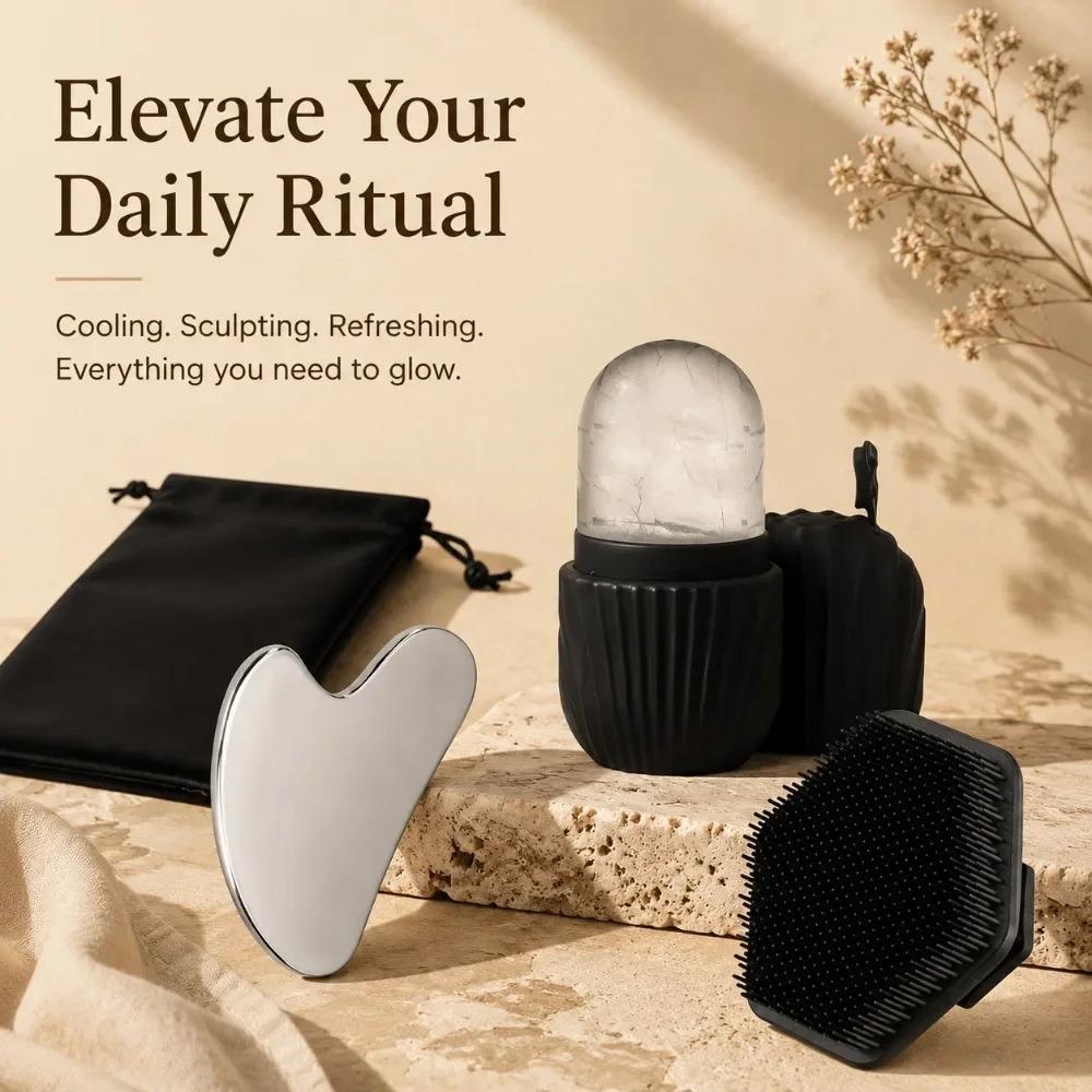 4Pcs Ice Roller Gua Sha Facial Brush Set Stainless Steel Massager for Face Puffiness Relief Skin Care Kit Beauty Skin Care Tool