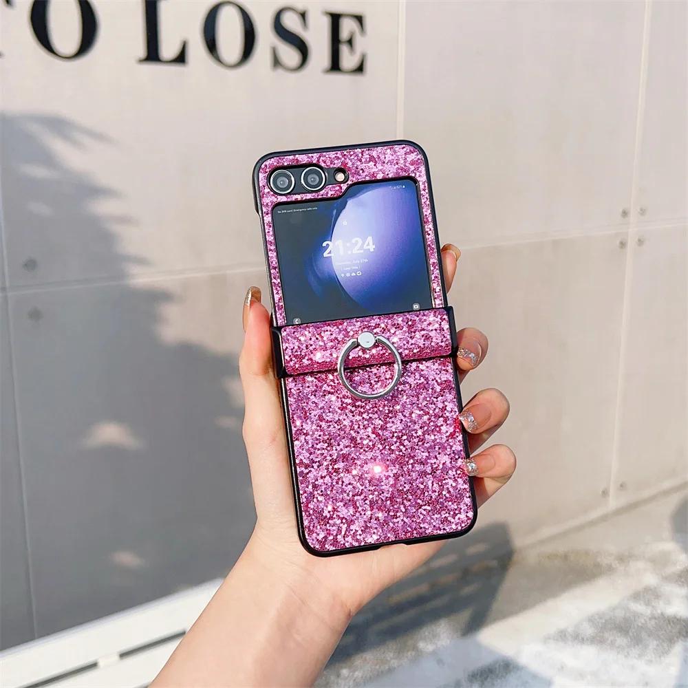 Ring Diamond Sparkling Powder Phone Case for Samsung Galaxy Z Flip 6 5 4 3 Flip6 Flip5 Flip4 Flip3 Protective Shockproof Cover