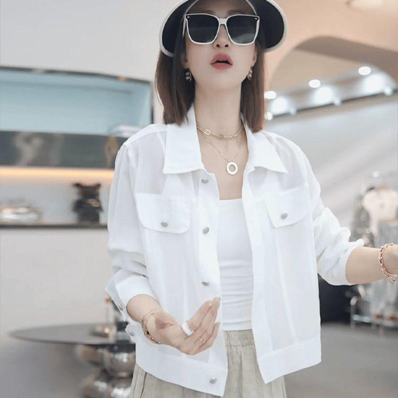 

Women s White Sheer Short Jacket Button Down Shirt Collar Casual Loose Fit Lightweight Outerwear L білий