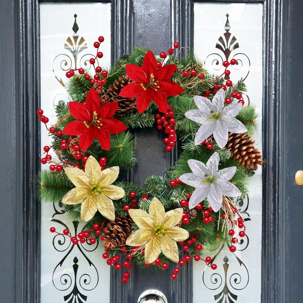 10/1PCS Christmas Poinsettia Flowers Artificial Red Rose Heads Flower Xmas Tree Ornaments For Home Navidad New Year Decoration