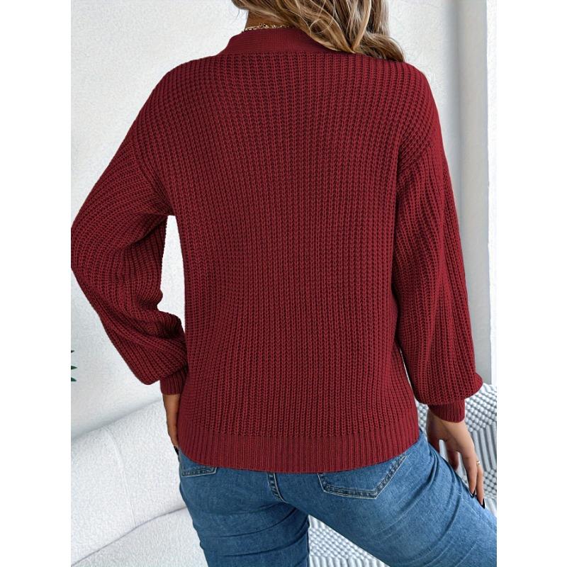 Einfarbiger V-Ausschnitt mit Lochmuster Langarm-Pullover für Herbst und Winter Freizeiturlaub.