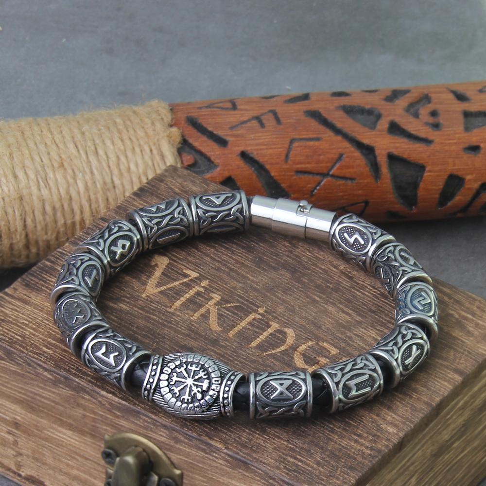 Stainless Steel Viking Runes Beads Bracelet for Men with Wooden Box Fashion Charm Beads Gift