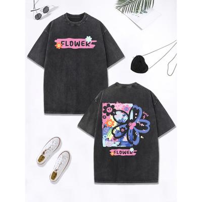 Flower Creative Graffiti Prints Washed T-Shirt Women Cotton Oversized Tops Comfortable Distressed O-Neck T Shirt  Clothes