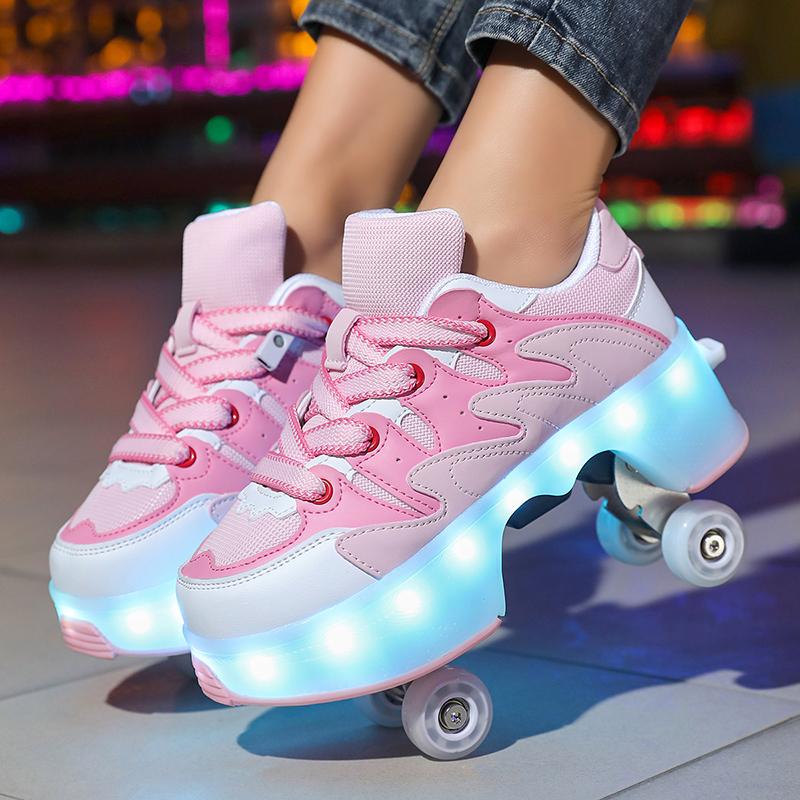 Kids Roller Roller Shoes 4-wheel Deformation Shoes Roller Skates Adult Rechargeable LuminousSkating Shoes