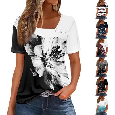 Women's Casual Printed Asymmetric Neck Short Sleeve Decorative Button T-Shirt Top
