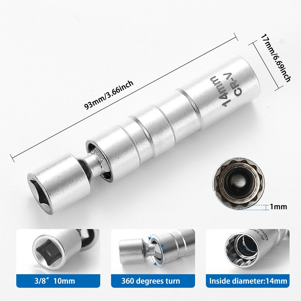 Universal Joint 14/16mm Swivel Magnetic Spark Plug Sleeve Socket Wrench 3/8" Drive 12 & 6 Point Thin Wall Car Removal Tool
