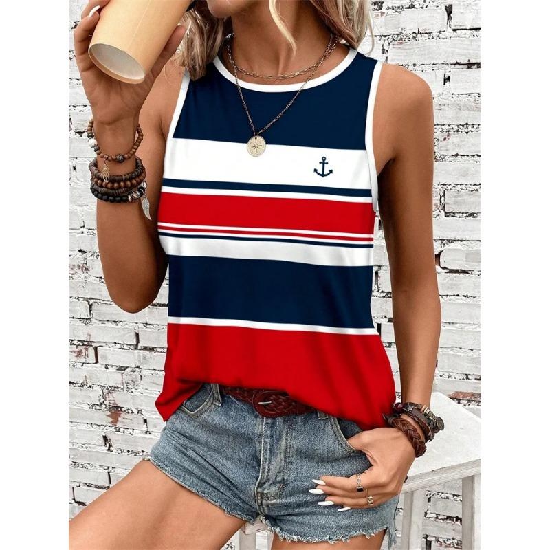 Women's Sleeveless Round-neck Vests Fashionable Geometric Color Block Printed Summer Street Fashion Casual Wear