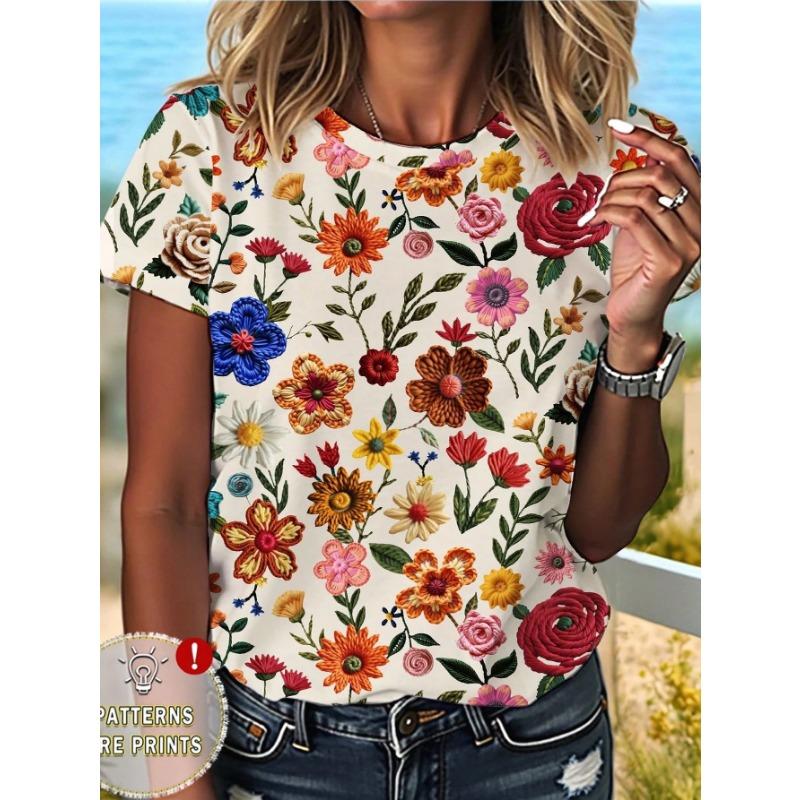 Summer Round Neck Flower Pattern 3D Print Top Fashionable Casual Short Sleeved Women's T-shirts