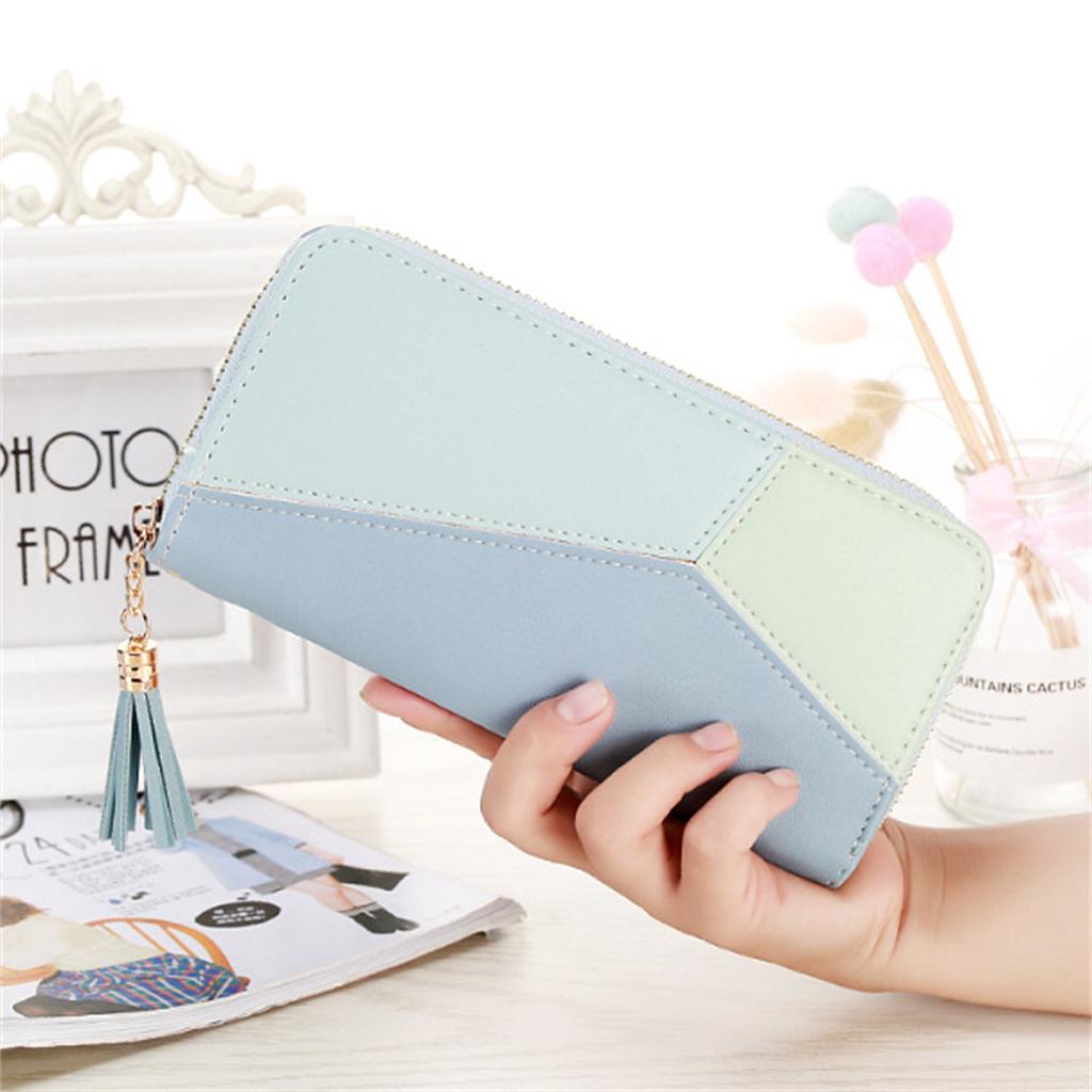 Leather Wallet For Women, Clutch Travel Tassel Purse Wristlet In Colorblock Leather With Card Slots Money Organizer And Phone Holder