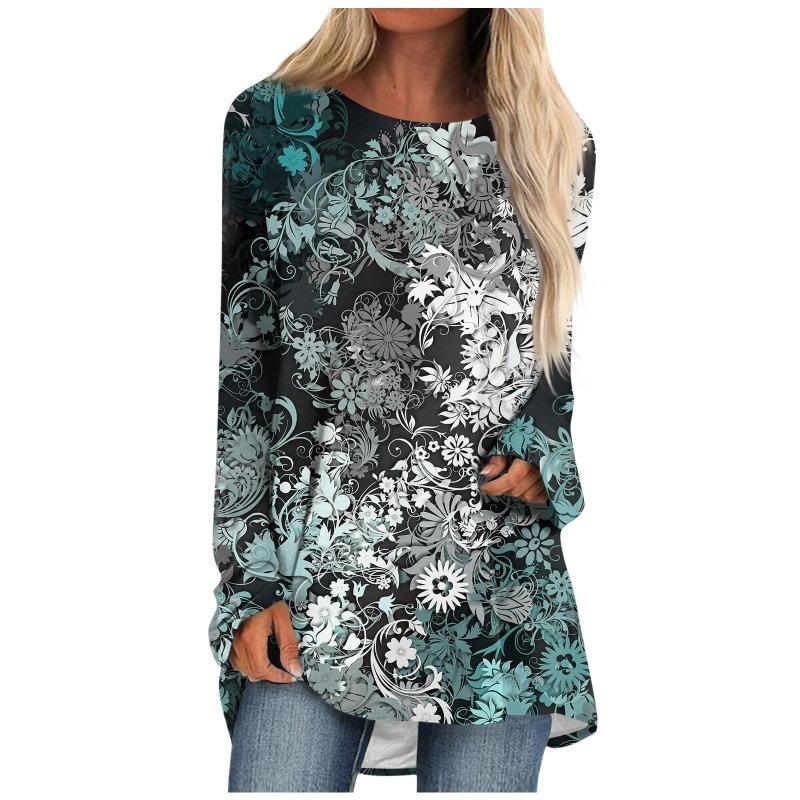 Damen Casual Mode Floral Print Langarm O-Ausschnitt Pullover Top Bluse T-Shirts Damen