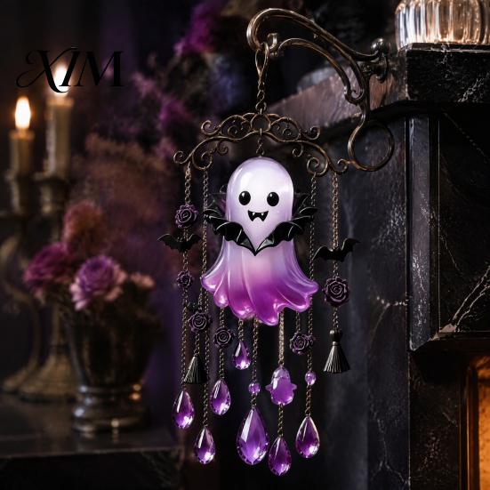Holiday Wind Chime Halloween Ghost Decoration, Vintage Sun Catcher with Faux Crystal Drops Tassels, Acrylic Hanging Ornament for Party Window