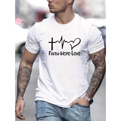 Summer Men's 100% Cotton Casual Loose Size FAITH HOPE LOVE Print Round Neck Short Sleeve T-shirt Top