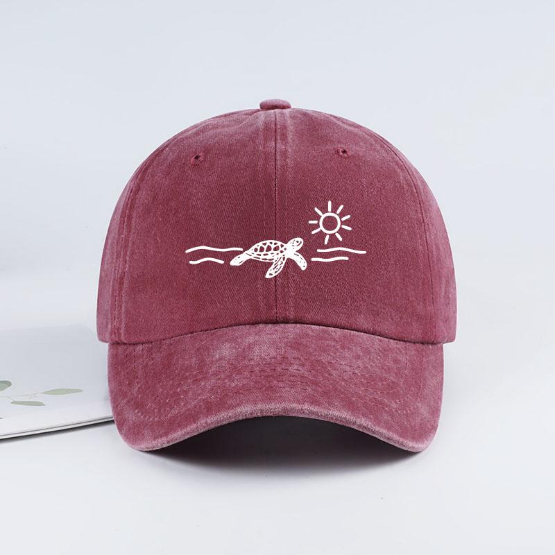 

Vintage Washed Baseball Cap with Turtle, Sun, and Wave Print Unisex Cap Perfect for Beach Vacations, Camping, and Fishing бордовый