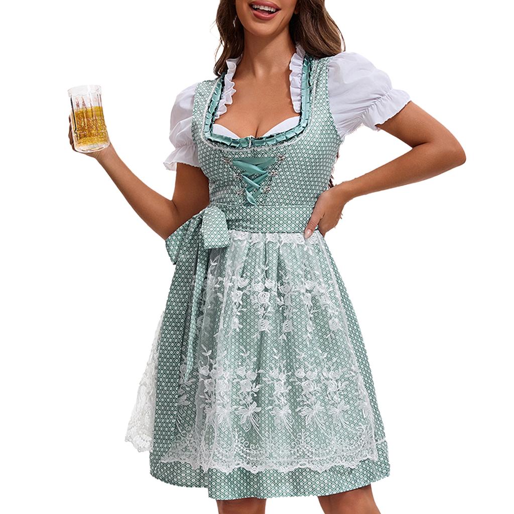 4Pcs German Bavarian Beer Festival Outfits Oktoberfest Costumes for Women Dirndl Dresses Blouse Apron Bows Ribbon Set