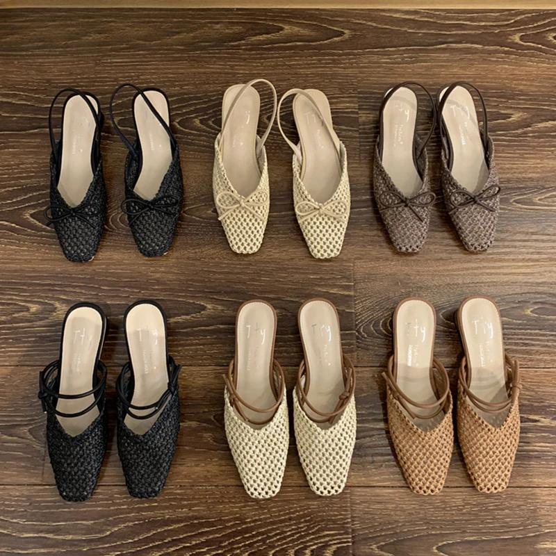 Fashion Summer New Women Slip On Mules Shoes Fashion Cane Weave Ladies Sandal Shoes Square Low Heel Outdoor Casual Slipper