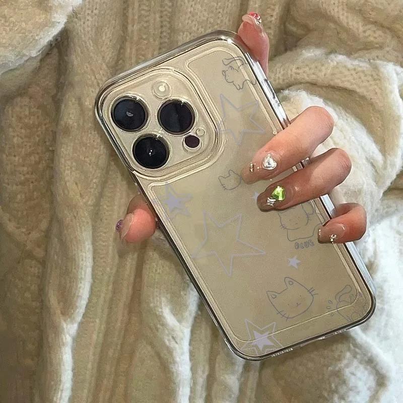 Line Art Cat and Star Pattern Phone Case for iPhone 17 16 15 14 13 12 11 16E Series Pro Max Plus Double Layer Protection