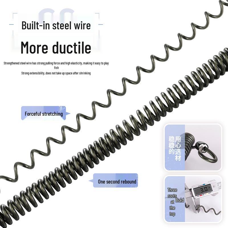 Teleskopiskt elastiskt fiskerep med betesklämma och nyckelfjäder för förlustkontroll och bergsklättring.