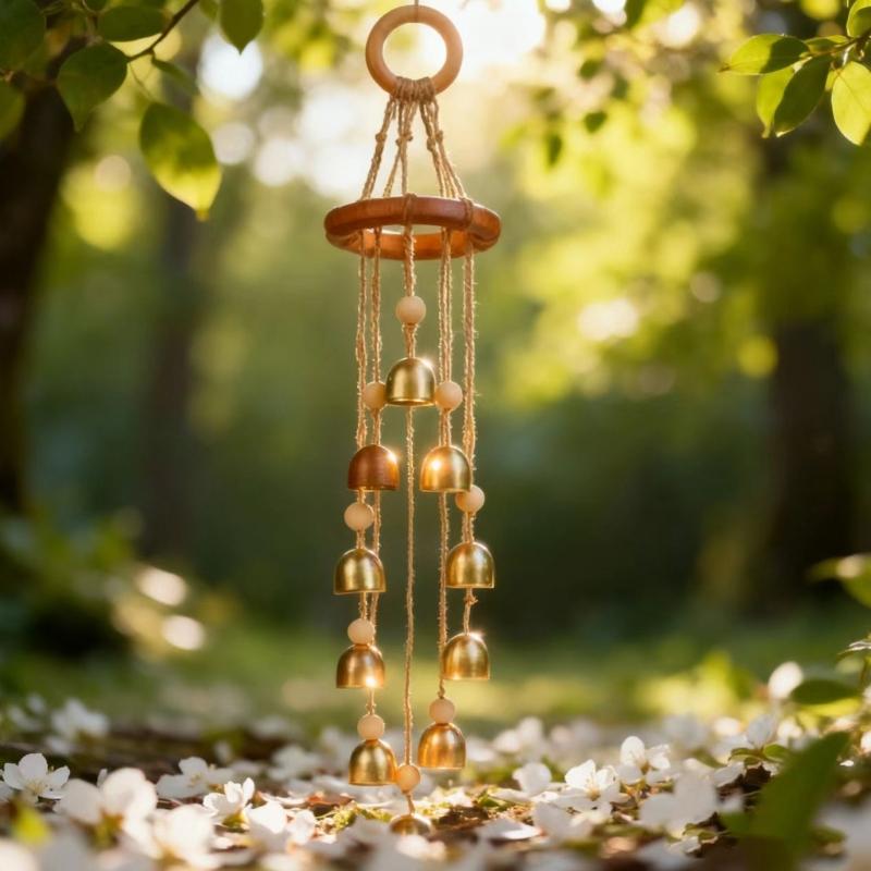 Wood Garden Wind Chimes Golden Bells Ornaments For Patios Balcony Decoration Harmonious Tones