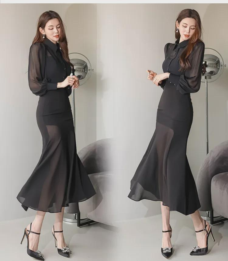 Korean Style Women's Autumn 2023 Slim Fit Ruffle Hem Dress
