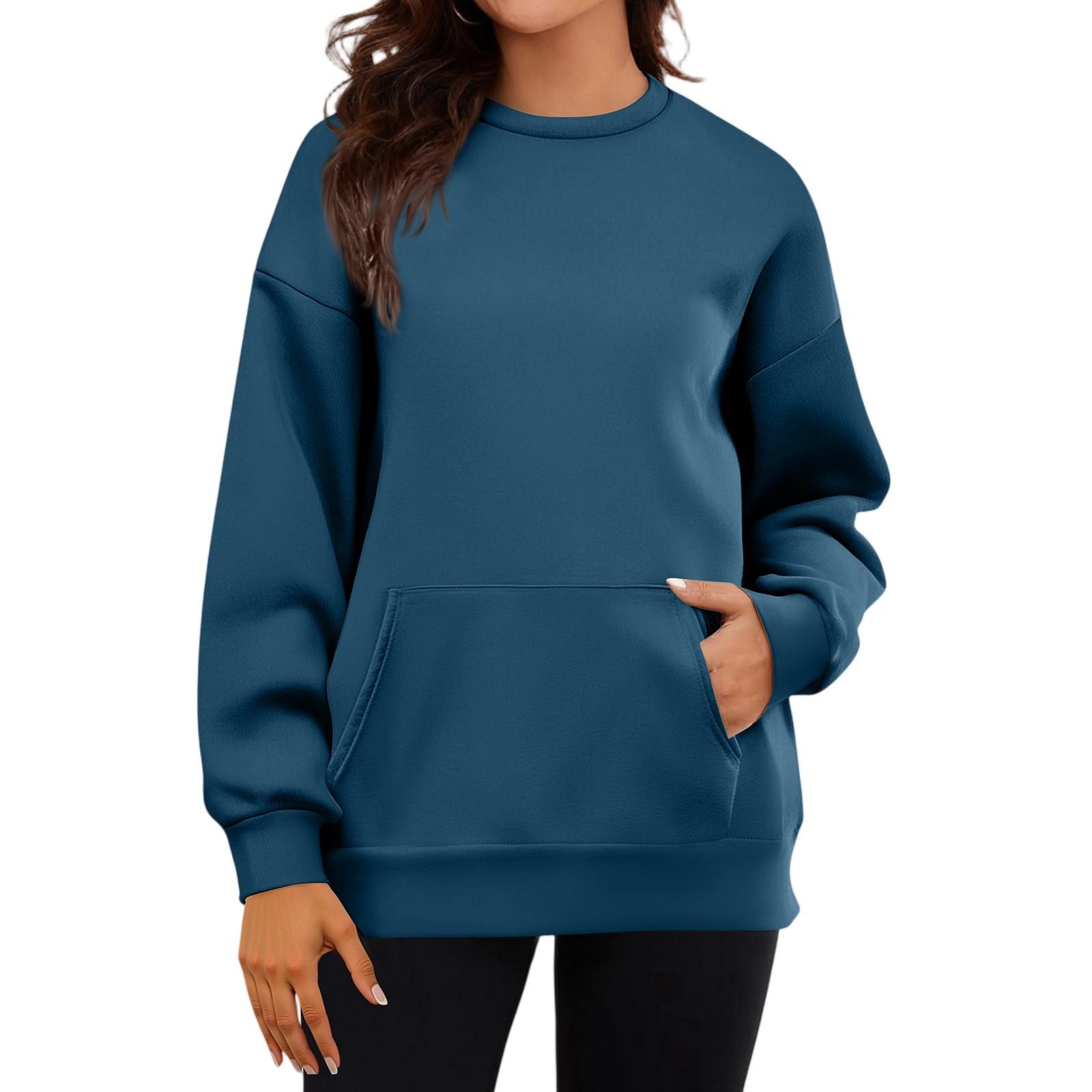 

Women s Casual Fashion Long Sleeve Solid Color Round Neck Sweatshirt Top With Pockets L