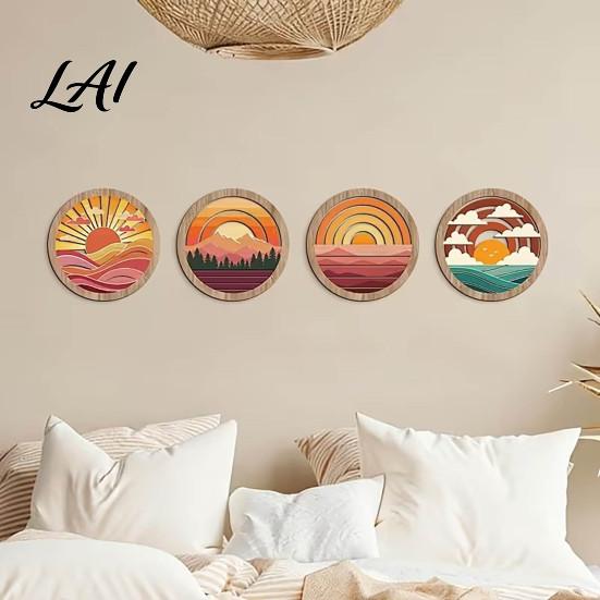 Multi-layer 3D Carving Decor 4Pcs Boho Sunset Wall Art Abstract Landscape Round Hanging Ornaments Unique Studio Decorations Wooden for Living