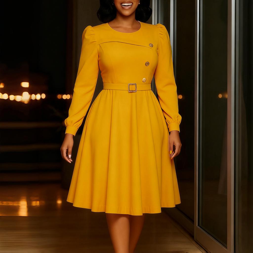 New Round-neck Long-sleeved High-waisted A-line Skirt - Elegant Party Pure-color Dress