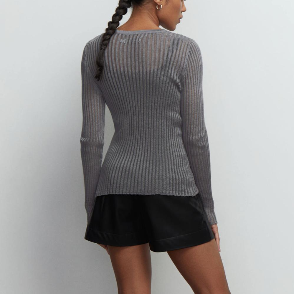GMXIA Cut-out Knit Sweater Spring and Summer Sexy Slim Wool Round Neck Long-sleeved Thin Pit-stripe Knit Sweater